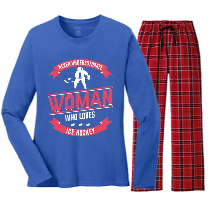 Never Underestimate Who Loves Ice Hockey Meaningful Gift Women's Long Sleeve Flannel Pajama Set 