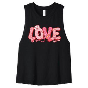 Nurse Valentines Day Cute Pink Love Heart Leopard Nursing RN Women's Racerback Cropped Tank