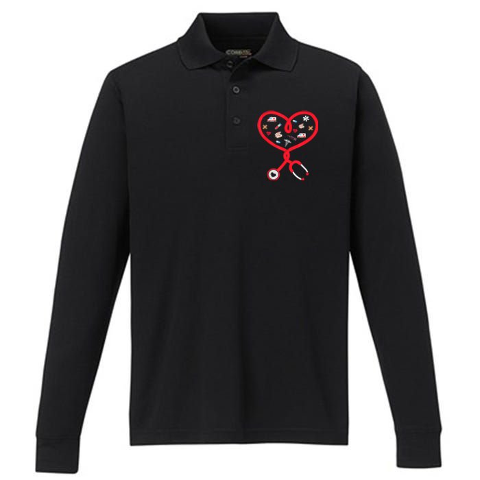 Nurse Valentines Day Nursing Health Worker Stethoscope Love Performance Long Sleeve Polo