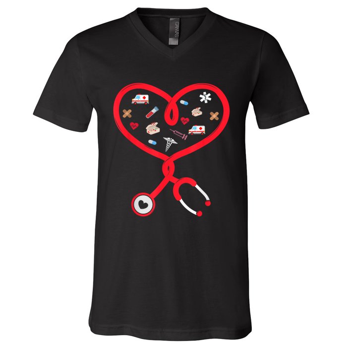 Nurse Valentines Day Nursing Health Worker Stethoscope Love V-Neck T-Shirt