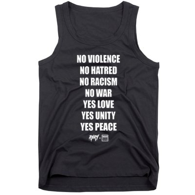 No Violence No Hatred No Racism No War Yes Love Yes Unity Yes Peace Tank Top