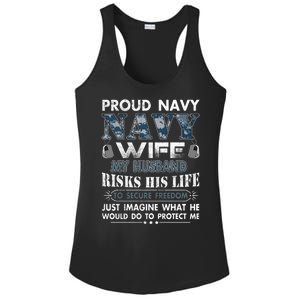 Navy Veteran Proud Wife Military Wife My Husband Risk His Life Ladies PosiCharge Competitor Racerback Tank