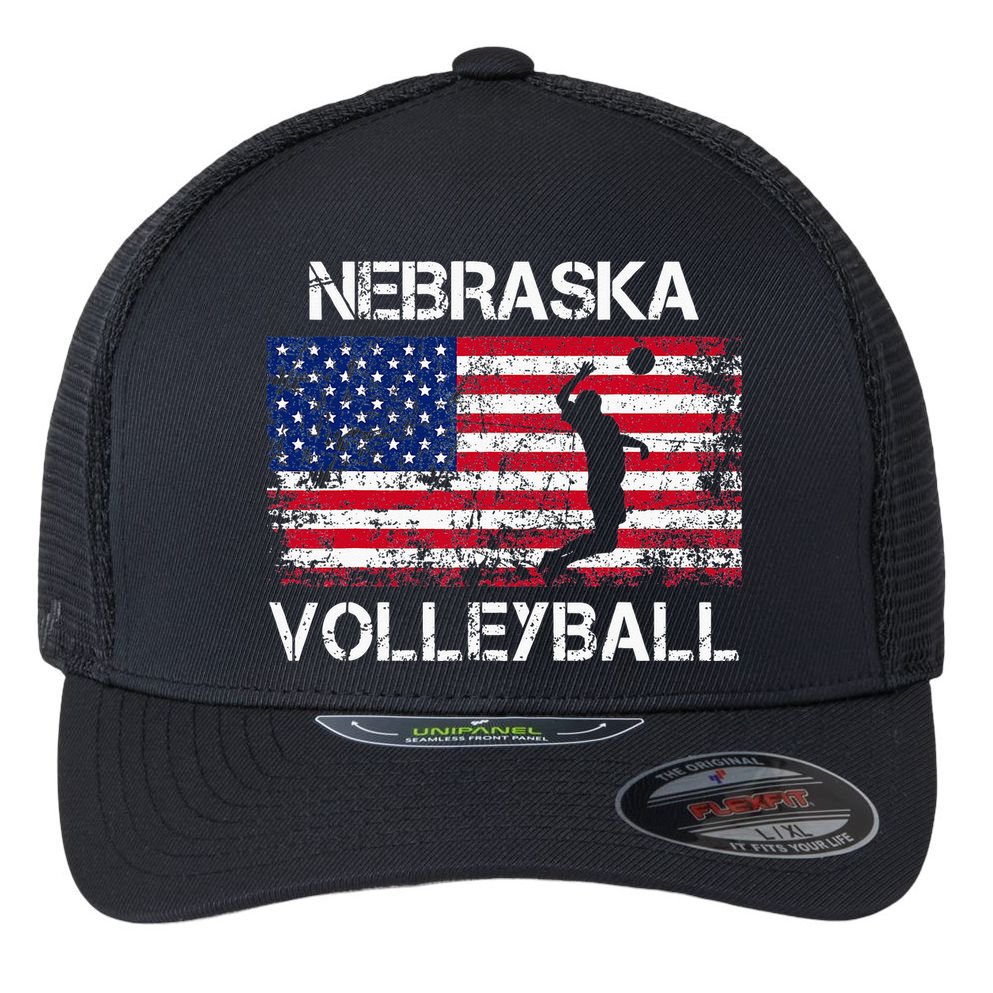 Nebraska Volleyball Team American Flag Gift Flexfit Unipanel Trucker Cap