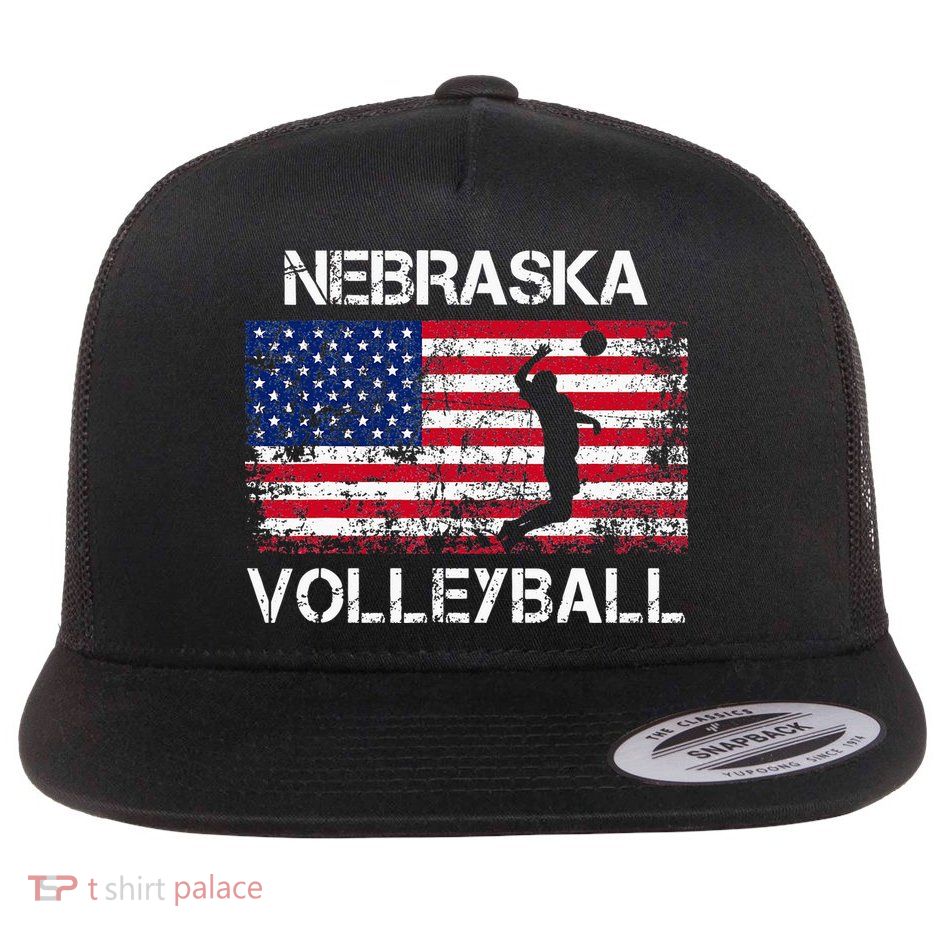 Nebraska Volleyball Team American Flag Gift Flat Bill Trucker Hat