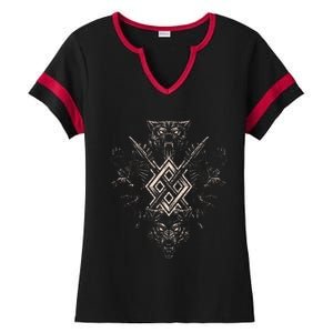 Norse Viking Wolf Raven Of Odin With Pagan Gungnir Symbol Ladies Halftime Notch Neck Tee