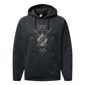 Norse Viking Wolf Raven Of Odin With Pagan Gungnir Symbol Performance Fleece Hoodie