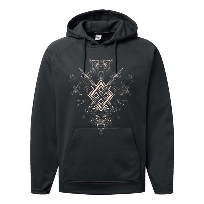 Norse Viking Wolf Raven Of Odin With Pagan Gungnir Symbol Performance Fleece Hoodie