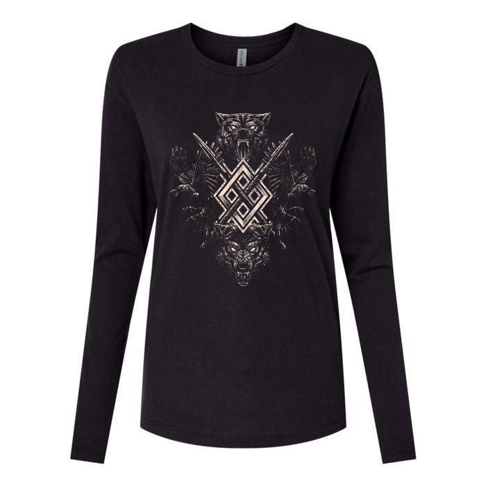 Norse Viking Wolf Raven Of Odin With Pagan Gungnir Symbol Womens Cotton Relaxed Long Sleeve T-Shirt