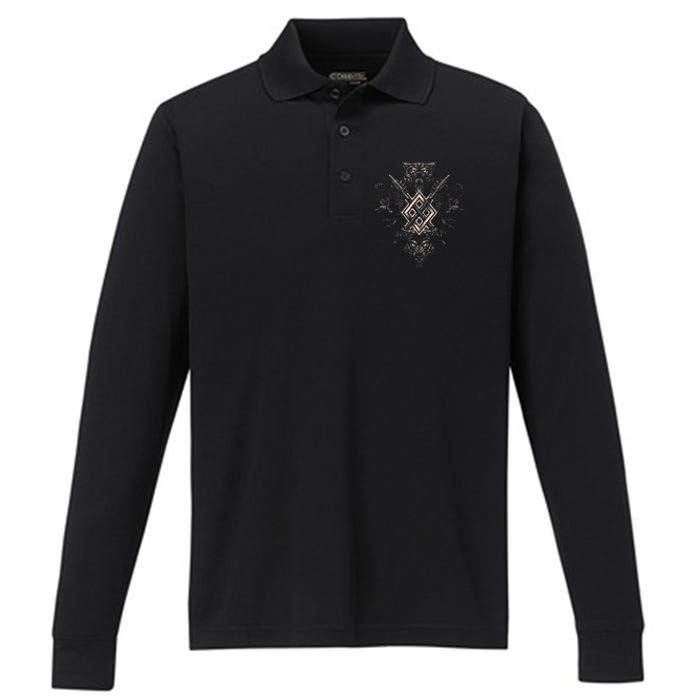 Norse Viking Wolf Raven Of Odin With Pagan Gungnir Symbol Performance Long Sleeve Polo