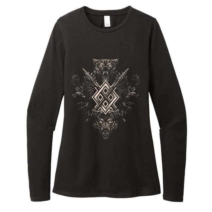 Norse Viking Wolf Raven Of Odin With Pagan Gungnir Symbol Womens CVC Long Sleeve Shirt