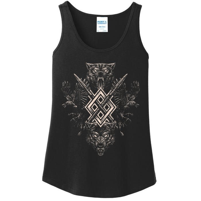 Norse Viking Wolf Raven Of Odin With Pagan Gungnir Symbol Ladies Essential Tank