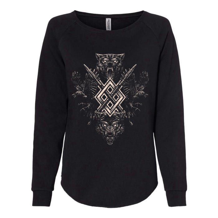 Norse Viking Wolf Raven Of Odin With Pagan Gungnir Symbol Womens California Wash Sweatshirt