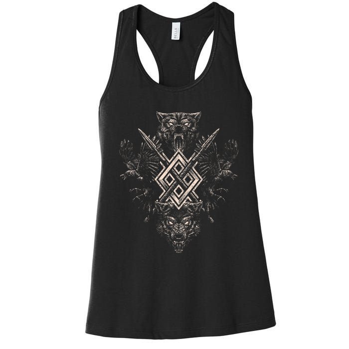 Norse Viking Wolf Raven Of Odin With Pagan Gungnir Symbol Women's Racerback Tank