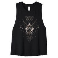 Norse Viking Wolf Raven Of Odin With Pagan Gungnir Symbol Women's Racerback Cropped Tank