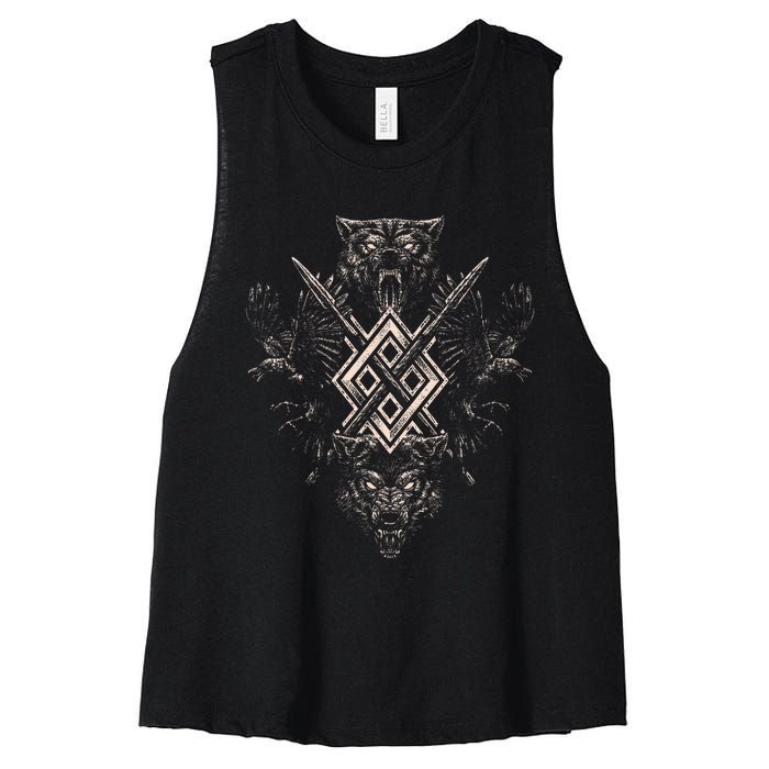 Norse Viking Wolf Raven Of Odin With Pagan Gungnir Symbol Women's Racerback Cropped Tank