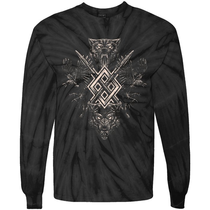 Norse Viking Wolf Raven Of Odin With Pagan Gungnir Symbol Tie-Dye Long Sleeve Shirt