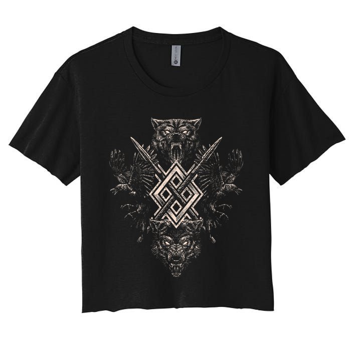 Norse Viking Wolf Raven Of Odin With Pagan Gungnir Symbol Women's Crop Top Tee