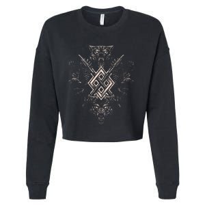 Norse Viking Wolf Raven Of Odin With Pagan Gungnir Symbol Cropped Pullover Crew