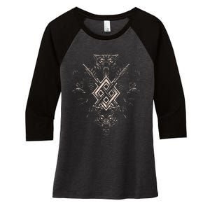 Norse Viking Wolf Raven Of Odin With Pagan Gungnir Symbol Women's Tri-Blend 3/4-Sleeve Raglan Shirt