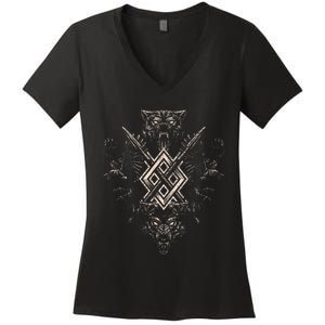 Norse Viking Wolf Raven Of Odin With Pagan Gungnir Symbol Women's V-Neck T-Shirt