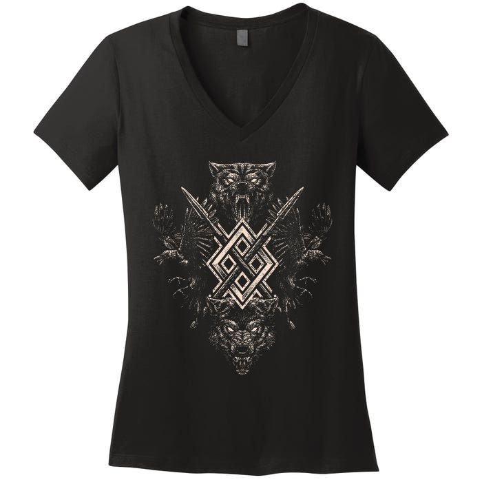 Norse Viking Wolf Raven Of Odin With Pagan Gungnir Symbol Women's V-Neck T-Shirt