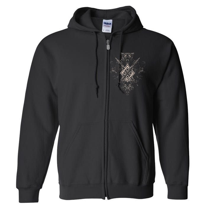 Norse Viking Wolf Raven Of Odin With Pagan Gungnir Symbol Full Zip Hoodie