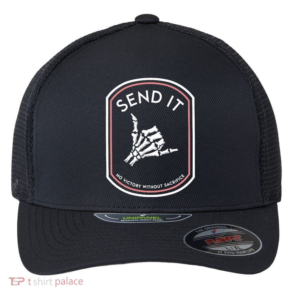 No Victory Without Sacrifice Send It Skeleton Hand Flexfit Unipanel Trucker Cap