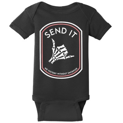 No Victory Without Sacrifice Send It Skeleton Hand Baby Bodysuit