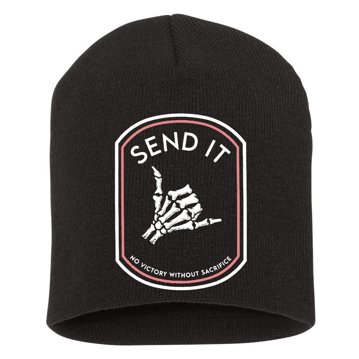 No Victory Without Sacrifice Send It Skeleton Hand Short Acrylic Beanie