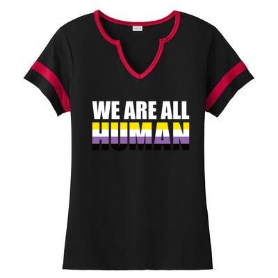 Nonbinary We Are All Hu Lgbtq Ally Pride Flag Nongender Cute Gift Ladies Halftime Notch Neck Tee