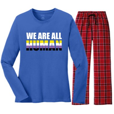 Nonbinary We Are All Hu Lgbtq Ally Pride Flag Nongender Cute Gift Women's Long Sleeve Flannel Pajama Set 