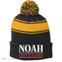 Noah Was A Conspiracy Theorist Then It Rained Stripe Pom Pom Beanie