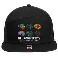 Neurodiversity We All Think Differently Brain Autism 7 Panel Mesh Trucker Snapback Hat