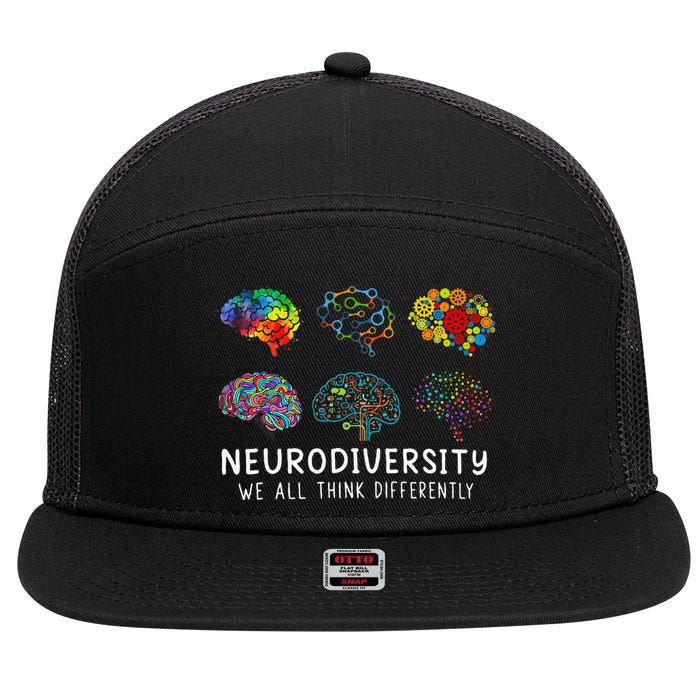 Neurodiversity We All Think Differently Brain Autism 7 Panel Mesh Trucker Snapback Hat