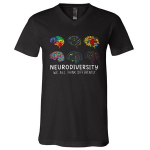 Neurodiversity We All Think Differently Brain Autism V-Neck T-Shirt