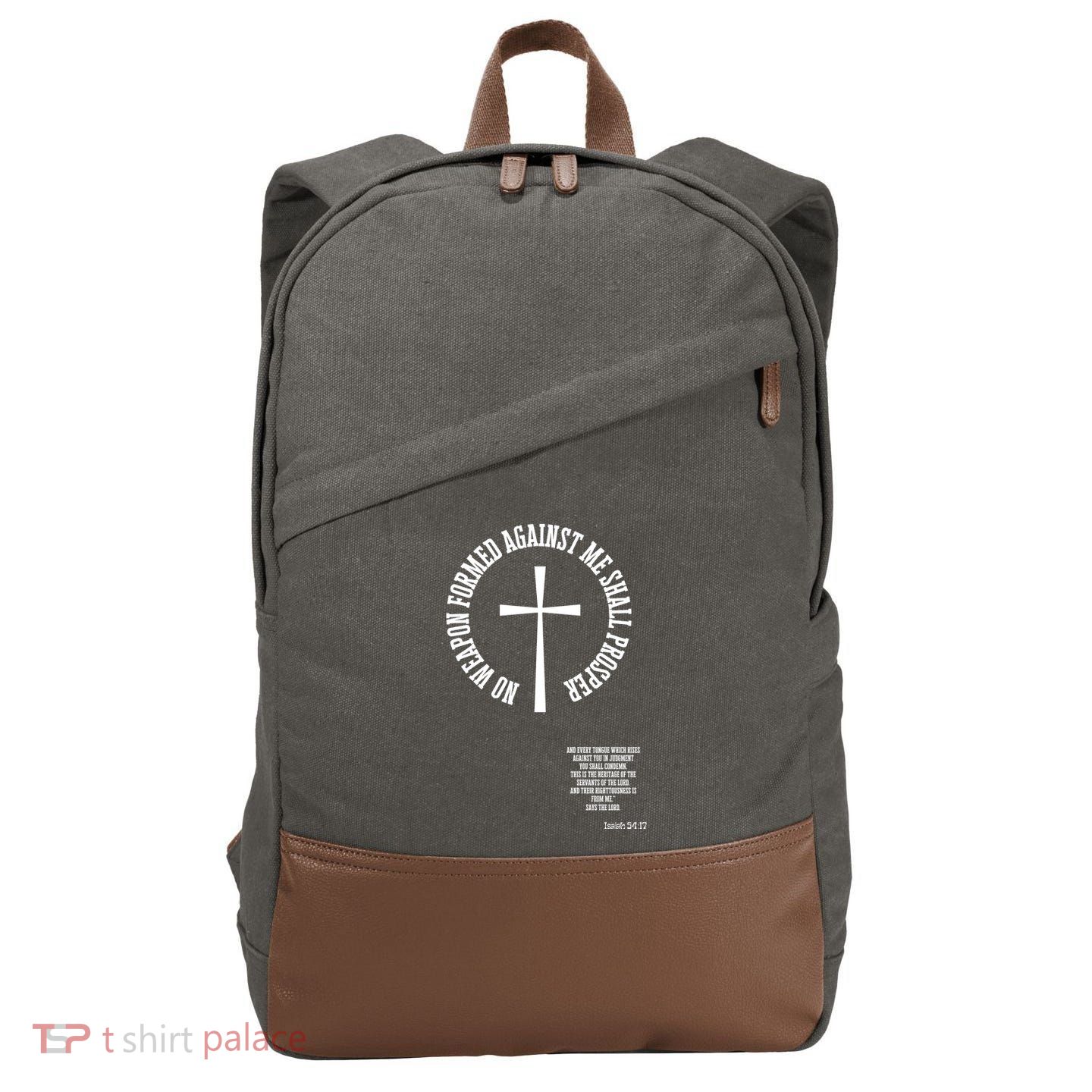 No Weapon Formed Against Me Shall Proser Jesus Is King Christian Cotton Canvas Backpack