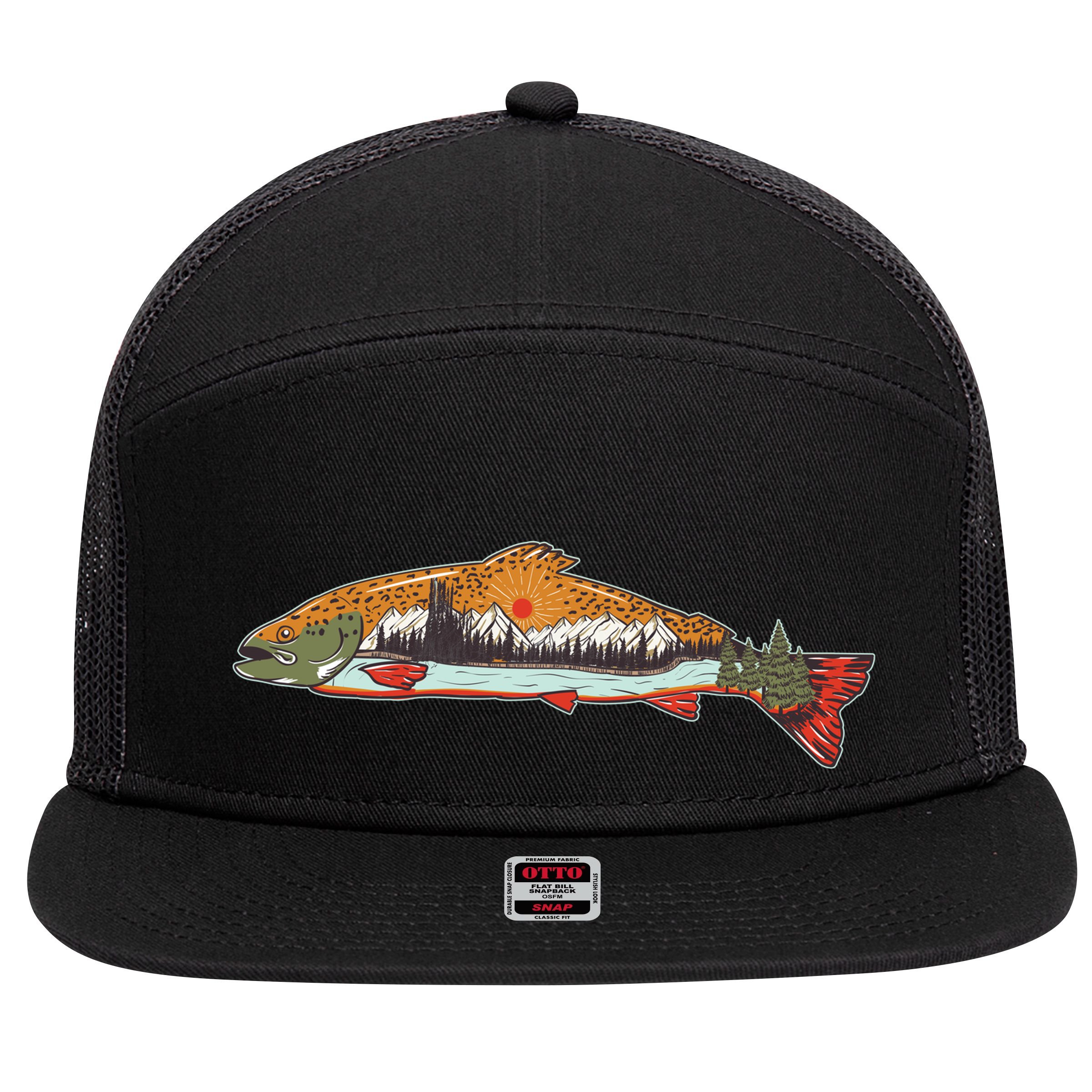 Nature Wilderness Fishing Fan 7 Panel Mesh Trucker Snapback Hat