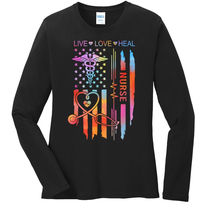 Nurse Week Gift Nurse Nurse Gift Appreciation Tie Dye Nurse Live Love Heal Ladies Long Sleeve Shirt