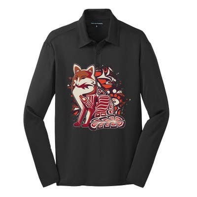 North West Native American Fox Pattern Silk Touch Performance Long Sleeve Polo