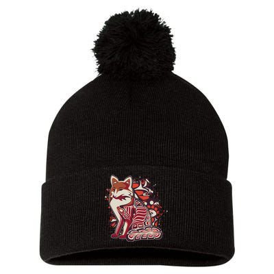 North West Native American Fox Pattern Pom Pom 12in Knit Beanie