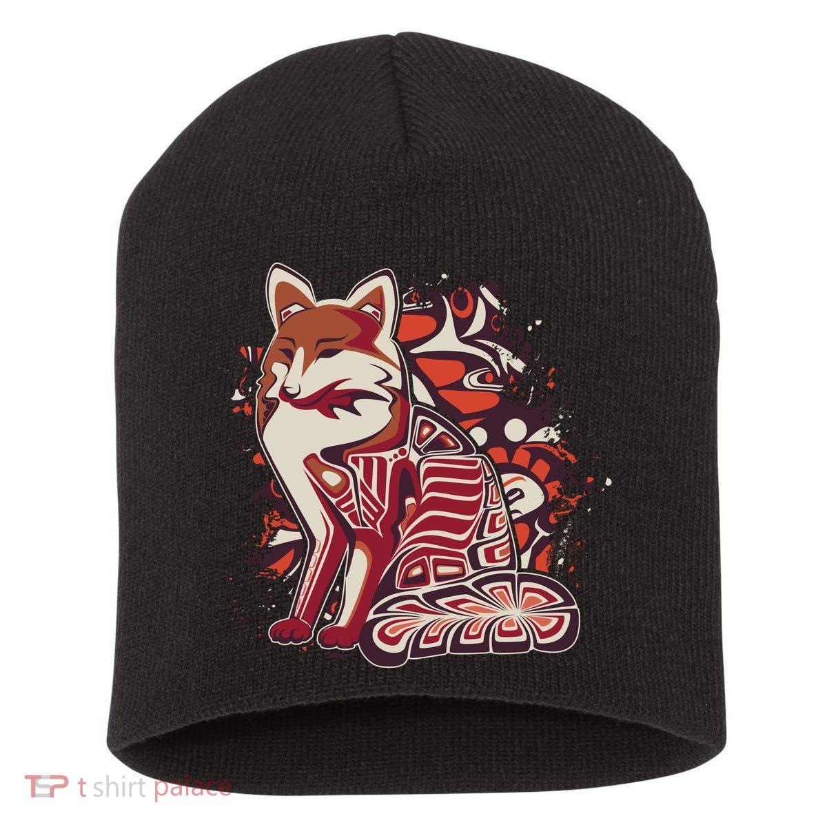 North West Native American Fox Pattern Short Acrylic Beanie