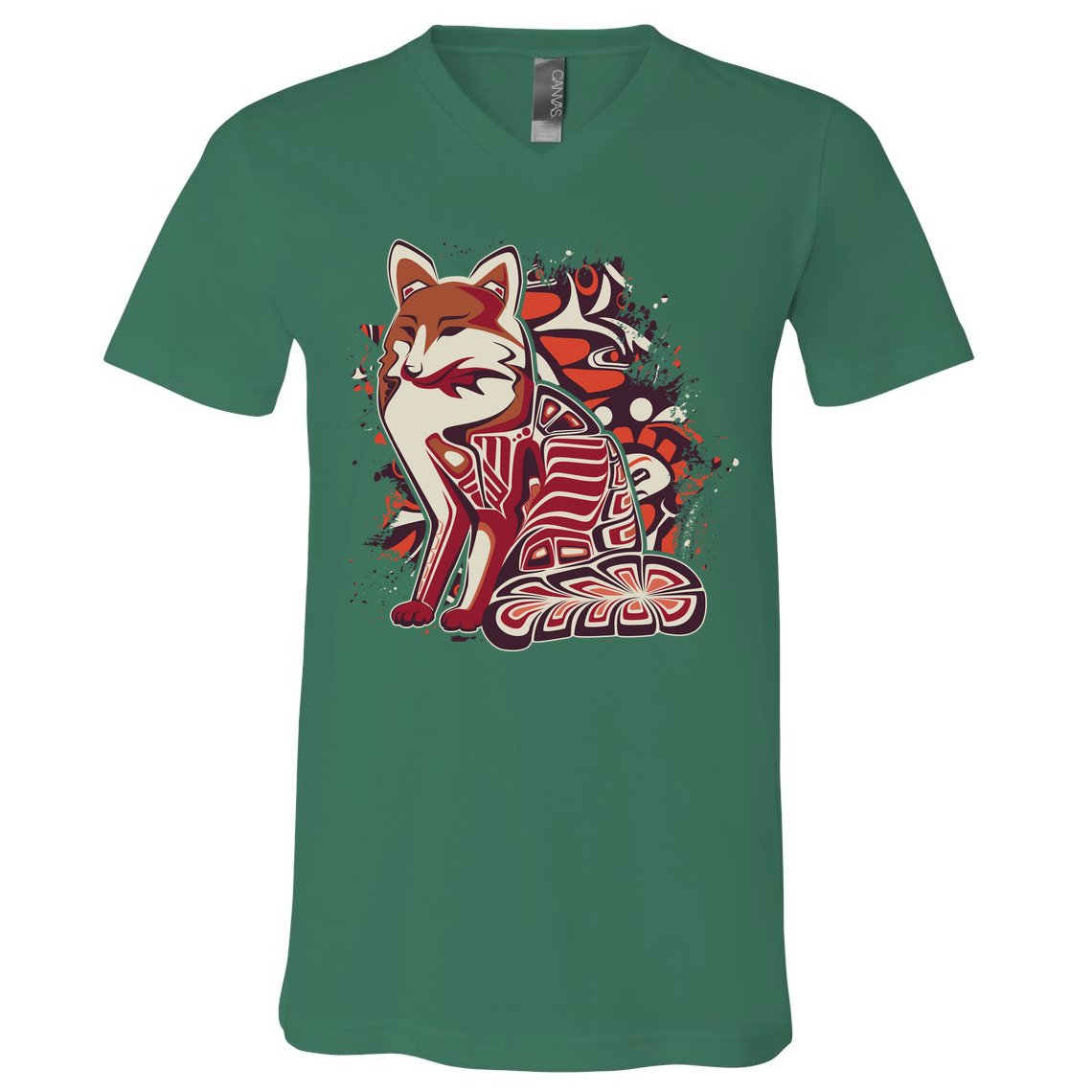 North West Native American Fox Pattern V-Neck T-Shirt