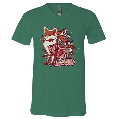 North West Native American Fox Pattern V-Neck T-Shirt