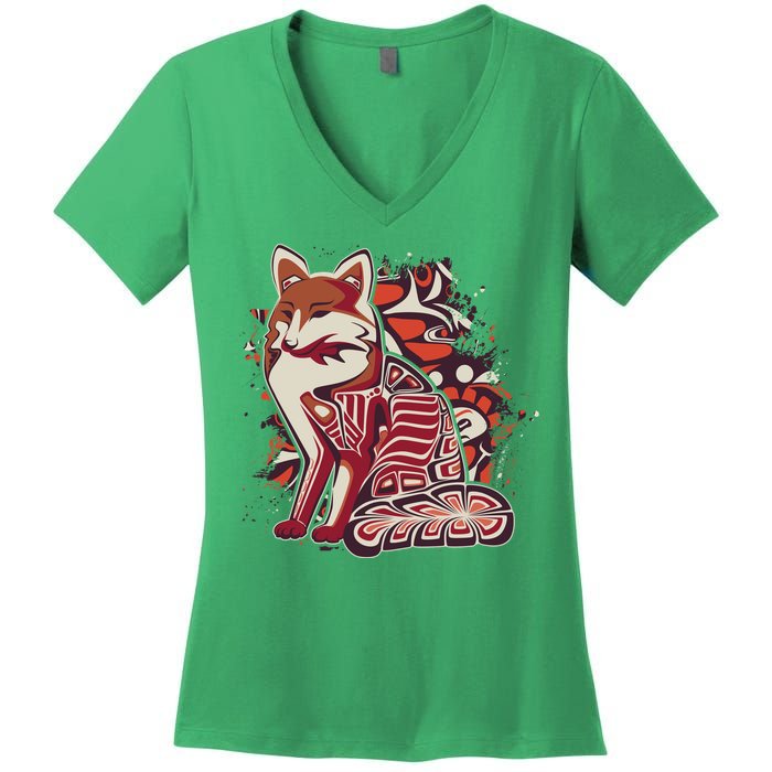North West Native American Fox Pattern Women's V-Neck T-Shirt