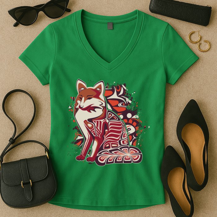North West Native American Fox Pattern Women's V-Neck T-Shirt