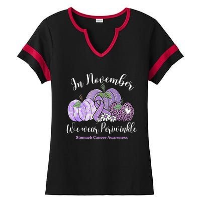 November We Wear Periwinkle Leopard Pumpkin Stomach Cancer  Ladies Halftime Notch Neck Tee