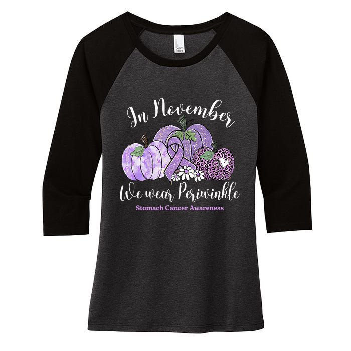 November We Wear Periwinkle Leopard Pumpkin Stomach Cancer  Women's Tri-Blend 3/4-Sleeve Raglan Shirt