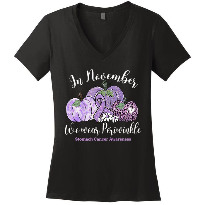 November We Wear Periwinkle Leopard Pumpkin Stomach Cancer  Women's V-Neck T-Shirt