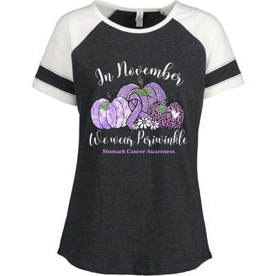 November We Wear Periwinkle Leopard Pumpkin Stomach Cancer  Enza Ladies Jersey Colorblock Tee