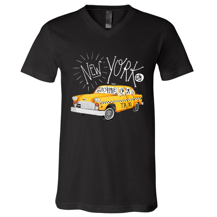 New York Big Apple Yellow Cab Taxi V-Neck T-Shirt